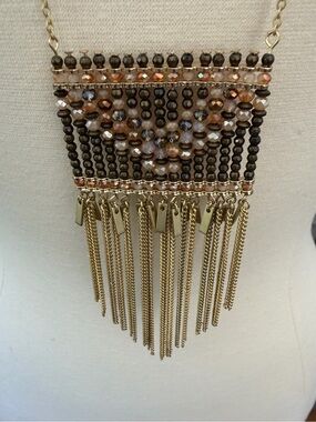Beaded Fringe Statement Necklace in Brown and Gold